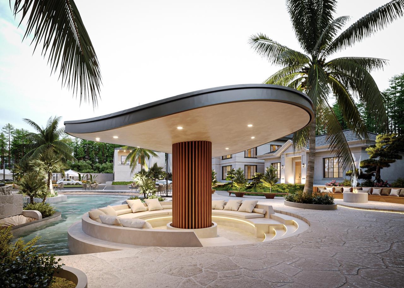 Design concept: a sunken lounge under a curved canopy beside a palm-lined pool
