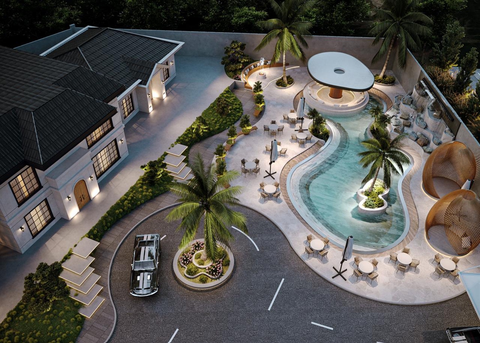Design concept: an aerial view of the pool courtyard, lounges and driveway at night