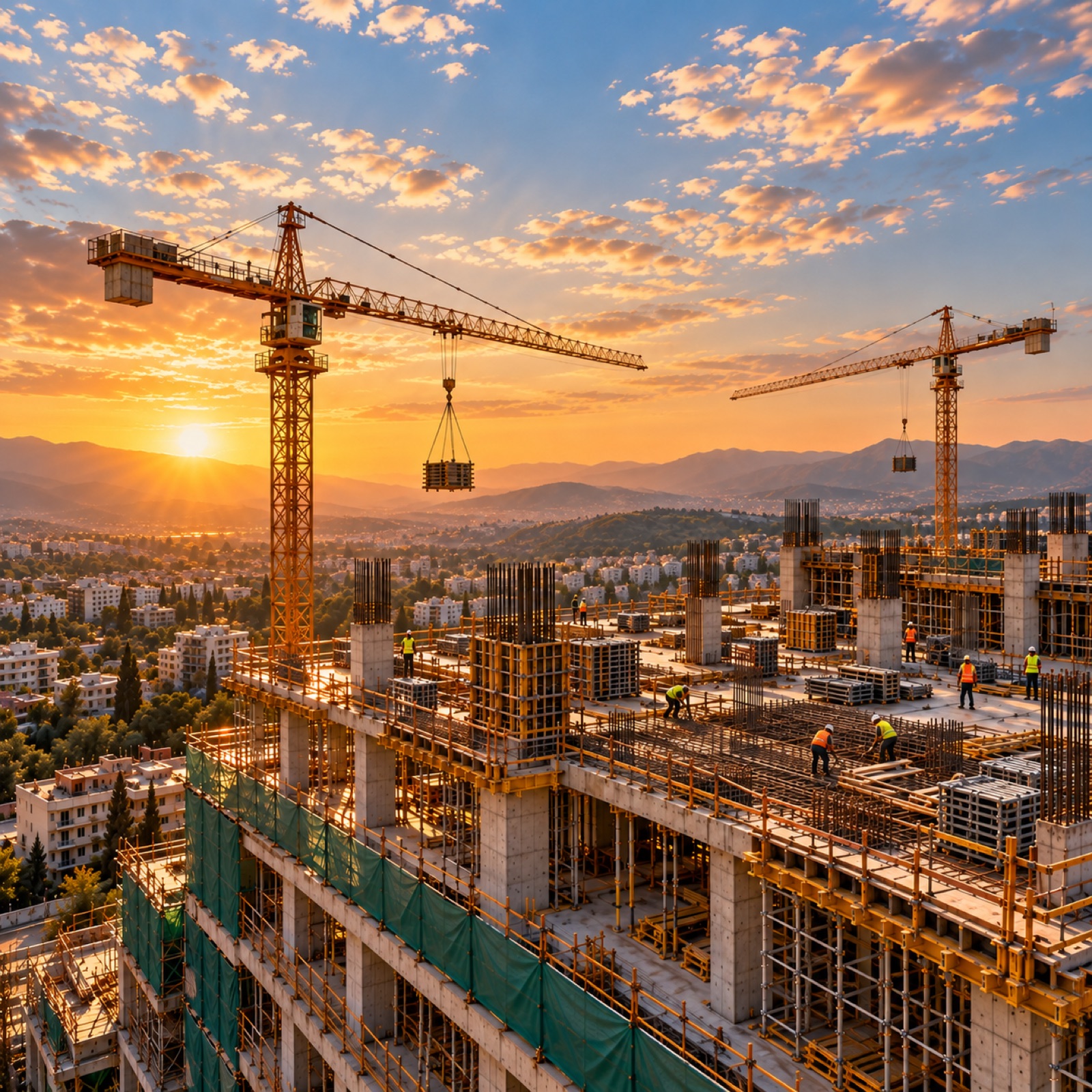Illustrative image: a high-rise under construction at sunset, tower cranes over the city — commercial construction