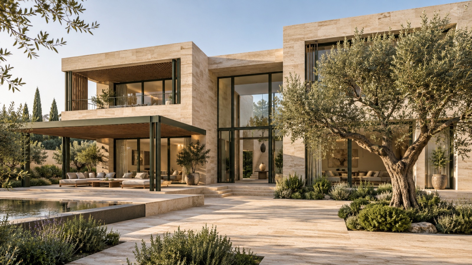 Illustrative image: a stone villa with a shaded terrace, pool and olive tree — outdoor spaces