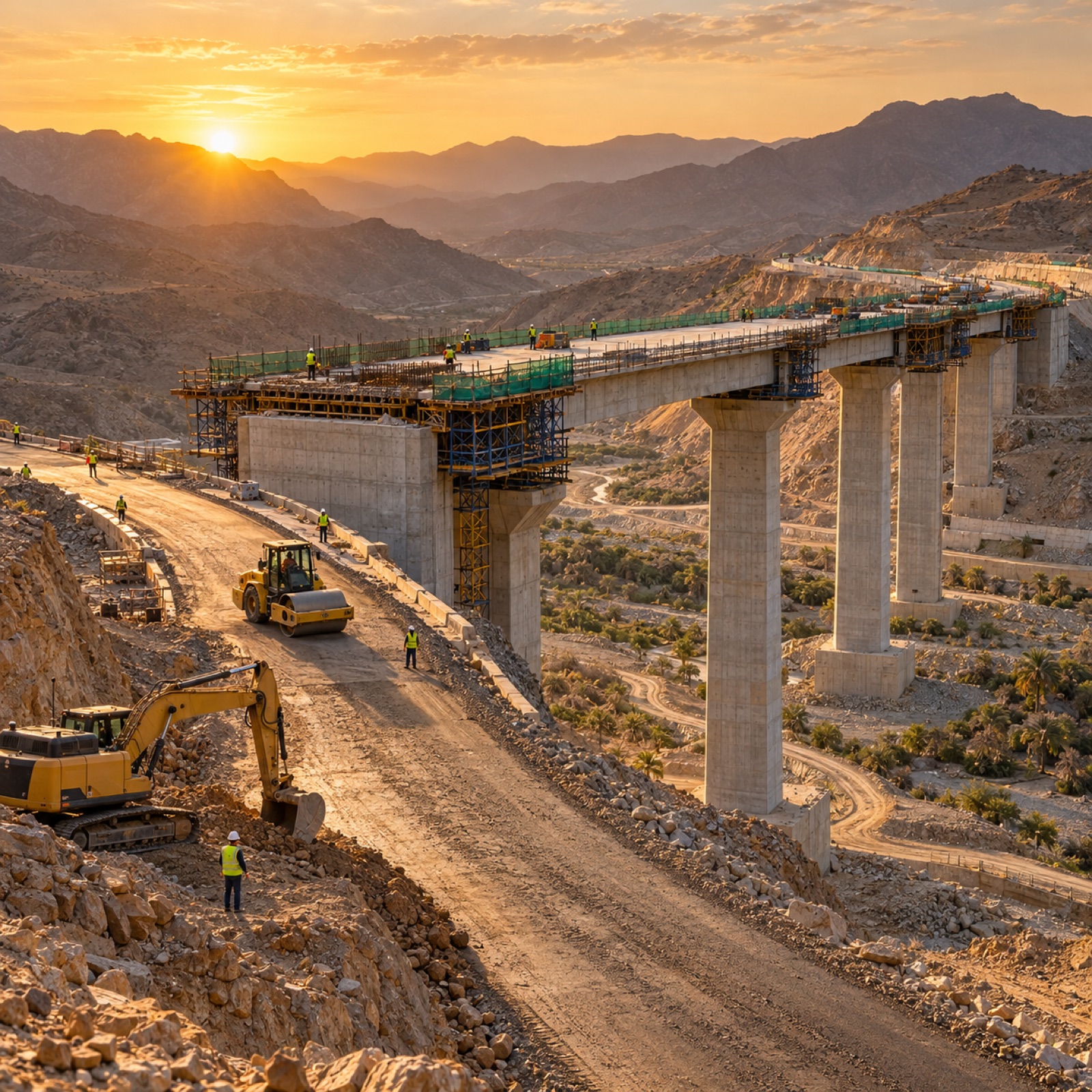 Illustrative image: a bridge and road under construction through the mountains — whole-site planning